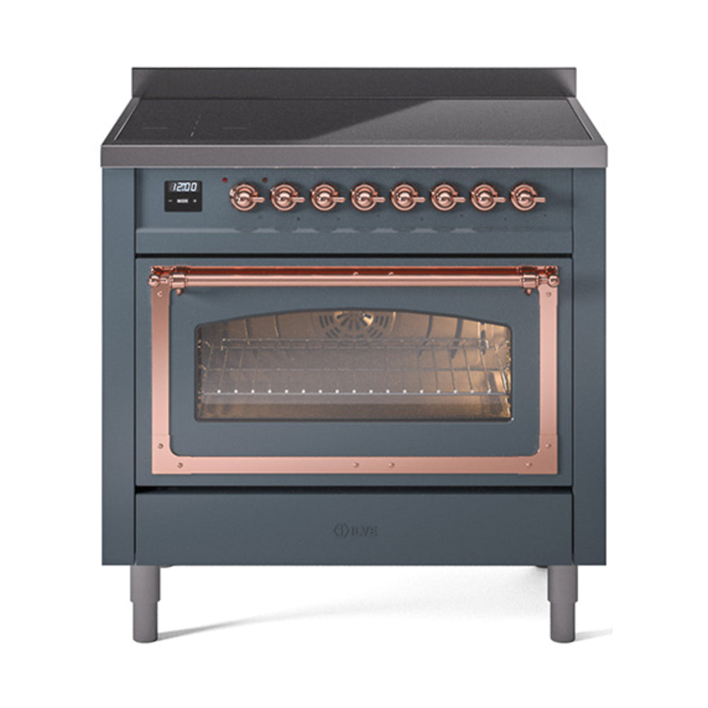 ILVE Nostalgie II Noblesse 36-Inch Induction Range, Triple Glass Door Oven, Blue Grey with Copper Trim (UNI366NMPBGP)