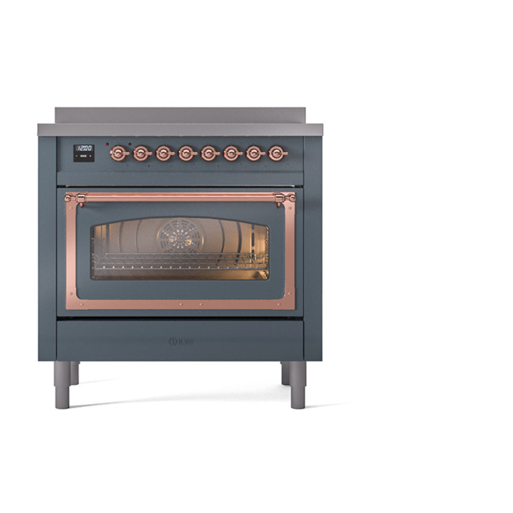 ILVE Nostalgie II Noblesse 36-Inch Induction Range, Triple Glass Door Oven, Blue Grey with Copper Trim (UNI366NMPBGP)