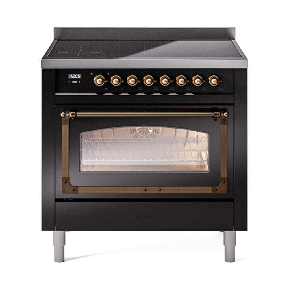 ILVE Nostalgie II Noblesse 36-Inch Induction Range, Triple Glass Door Oven, Glossy Black with Burnished Bronze Trim (UNI366NMPBKB)