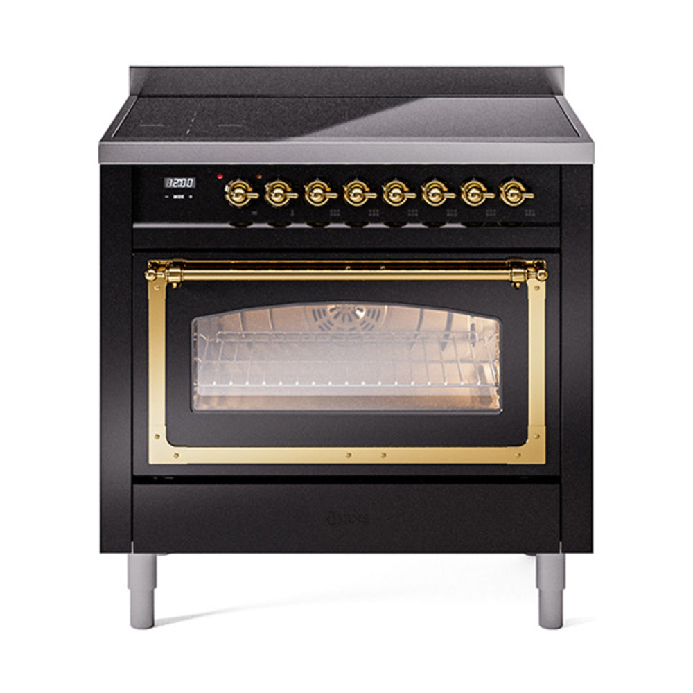 ILVE Nostalgie II Noblesse 36-Inch Induction Range, Triple Glass Door Oven, Glossy Black with Brass Trim (UNI366NMPBKG)