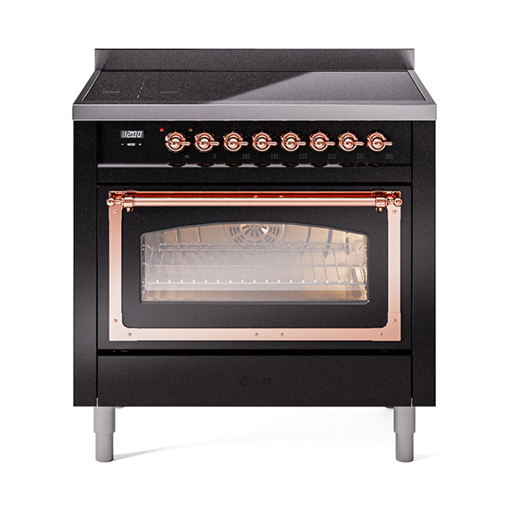 ILVE Nostalgie II Noblesse 36-Inch Induction Range, Triple Glass Door Oven, Glossy Black with Copper Trim (UNI366NMPBKP)