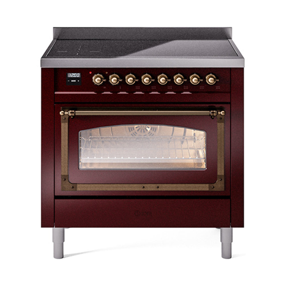 ILVE Nostalgie II Noblesse 36-Inch Induction Range, Triple Glass Door Oven, Burgundy with Burnished Bronze Trim (UNI366NMPBUB)