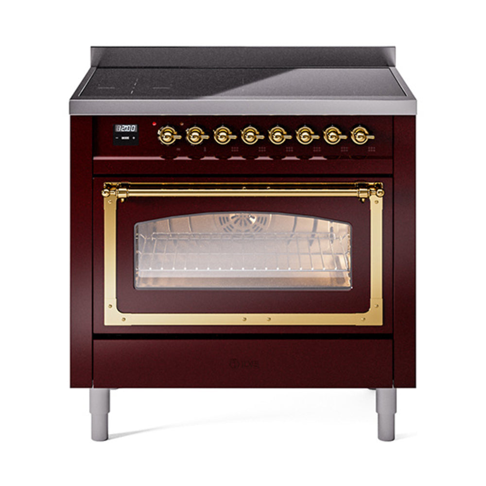 ILVE Nostalgie II Noblesse 36-Inch Induction Range, Triple Glass Door Oven, Burgundy with Brass Trim (UNI366NMPBUG)
