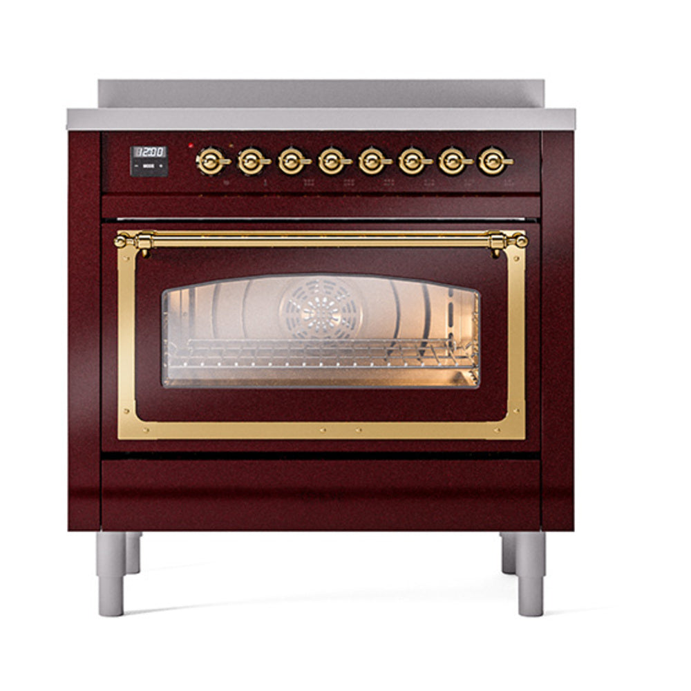 ILVE Nostalgie II Noblesse 36-Inch Induction Range, Triple Glass Door Oven, Burgundy with Brass Trim (UNI366NMPBUG)