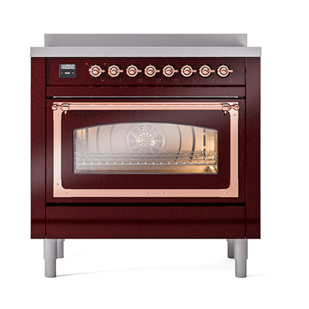 ILVE Nostalgie II Noblesse 36-Inch Induction Range, Triple Glass Door Oven, Burgundy with Copper Trim (UNI366NMPBUP)
