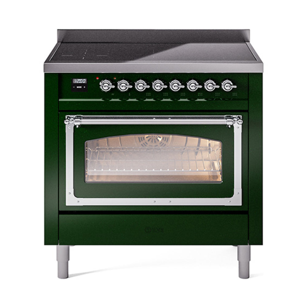 ILVE Nostalgie II Noblesse 36-Inch Induction Range, Triple Glass Door Oven, Emerald Green with Chrome Trim (UNI366NMPEGC)