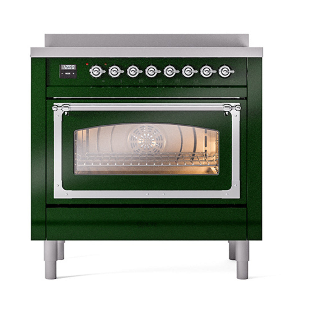 ILVE Nostalgie II Noblesse 36-Inch Induction Range, Triple Glass Door Oven, Emerald Green with Chrome Trim (UNI366NMPEGC)