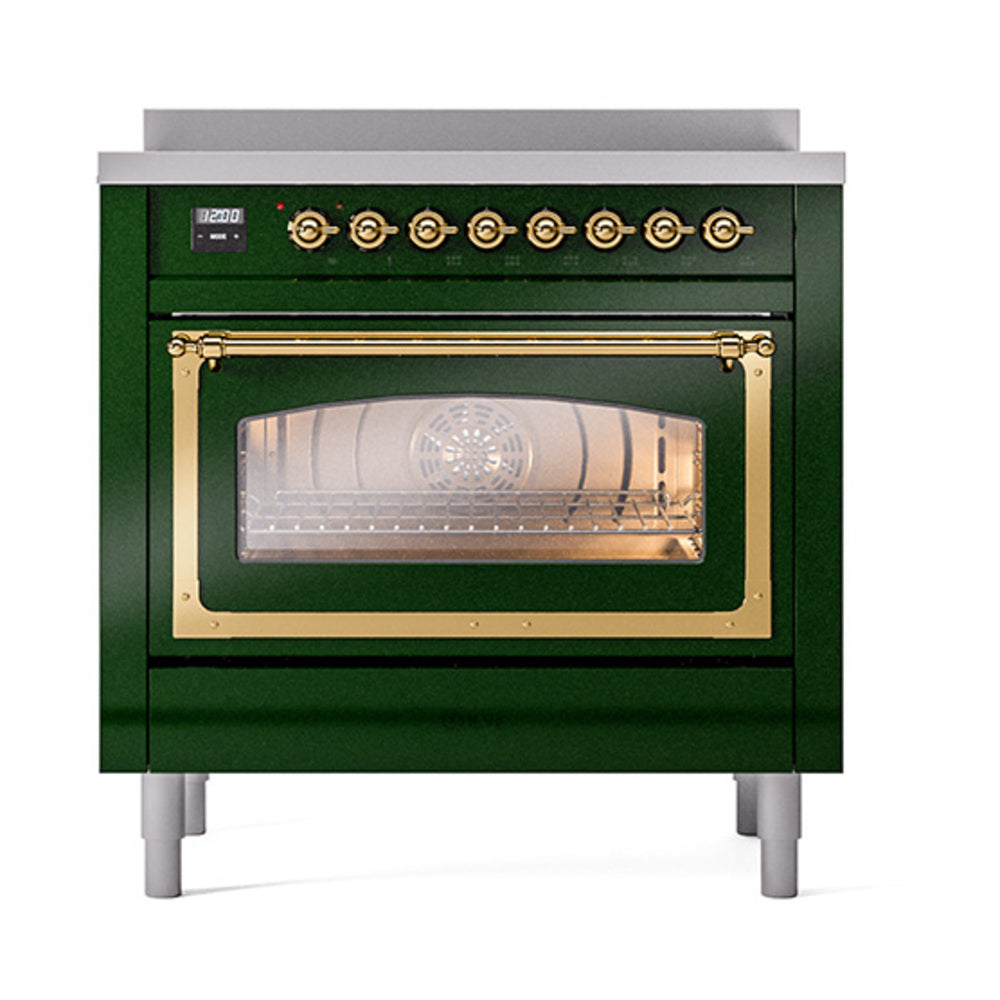ILVE Nostalgie II Noblesse 36-Inch Induction Range, Triple Glass Door Oven, Emerald Green with Brass Trim (UNI366NMPEGG)