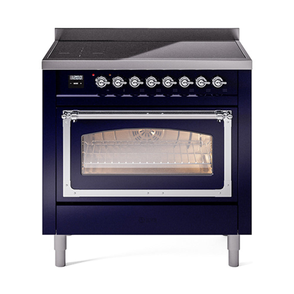 ILVE Nostalgie II Noblesse 36-Inch Induction Range, Triple Glass Door Oven, Midnight Blue with Chrome Trim (UNI366NMPMBC)