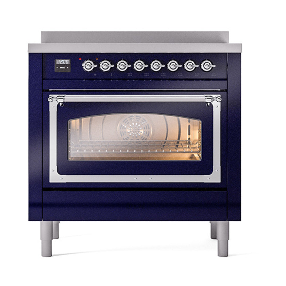 ILVE Nostalgie II Noblesse 36-Inch Induction Range, Triple Glass Door Oven, Midnight Blue with Chrome Trim (UNI366NMPMBC)