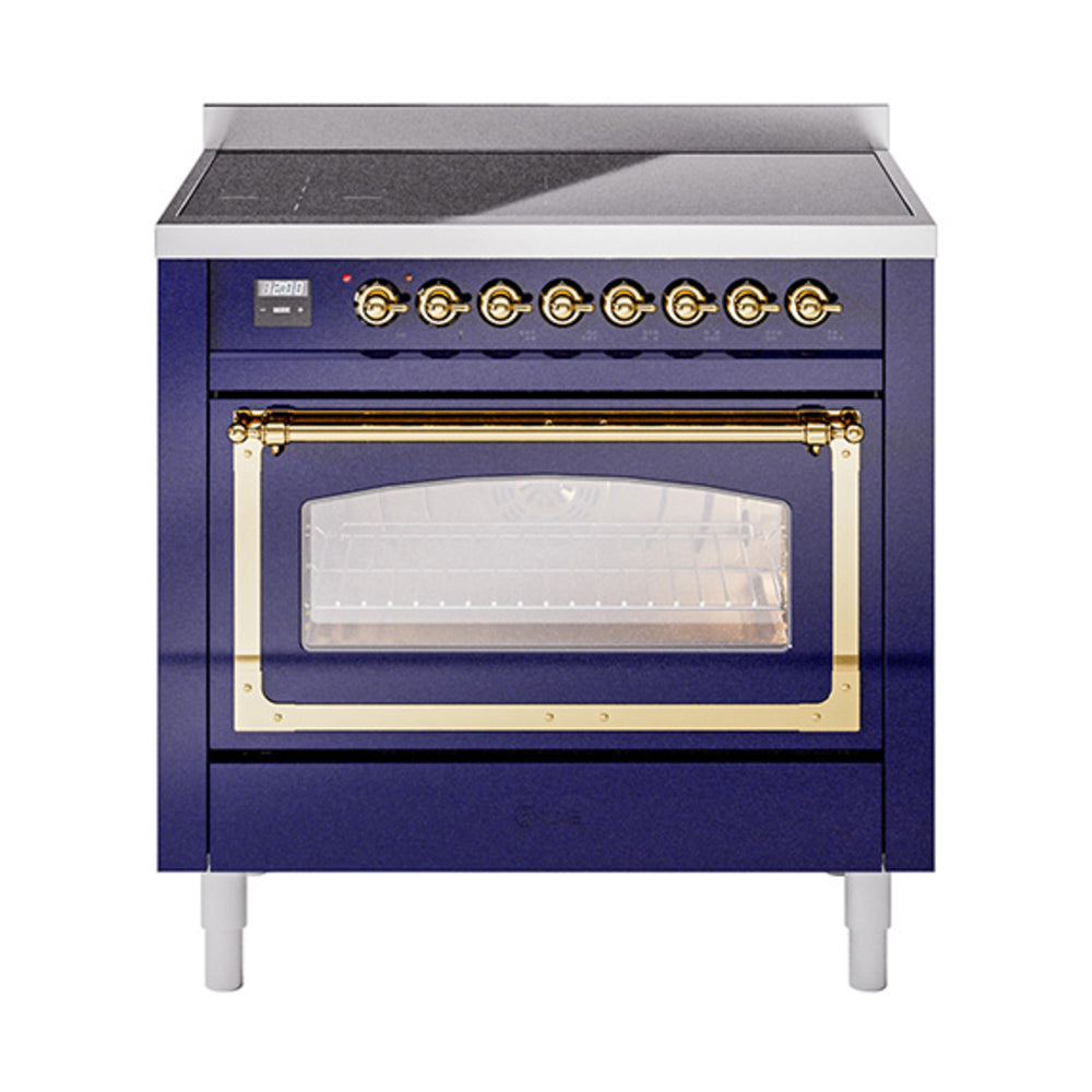 ILVE Nostalgie II Noblesse 36-Inch Induction Range, Triple Glass Door Oven, Midnight Blue with Brass Trim (UNI366NMPMBG)