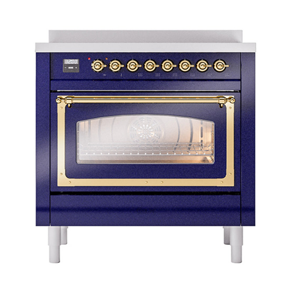 ILVE Nostalgie II Noblesse 36-Inch Induction Range, Triple Glass Door Oven, Midnight Blue with Brass Trim (UNI366NMPMBG)