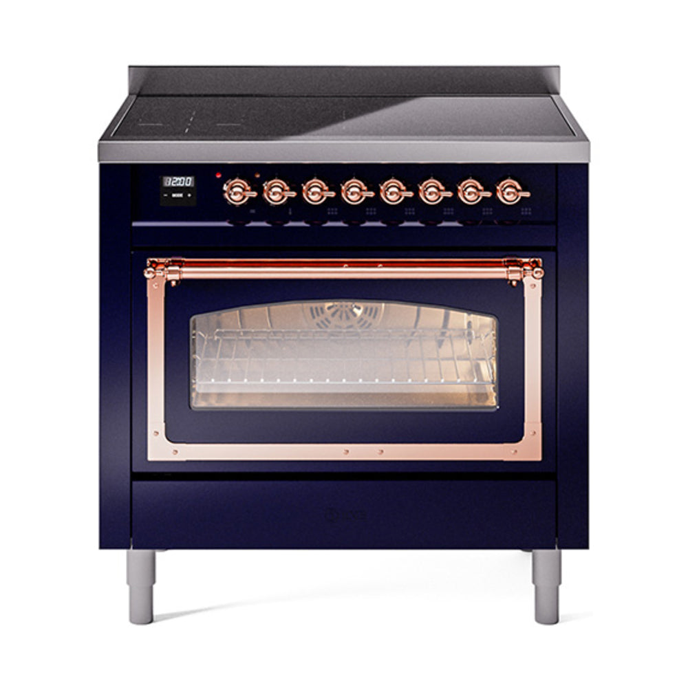 ILVE Nostalgie II Noblesse 36-Inch Induction Range, Triple Glass Door Oven, Midnight Blue with Copper Trim (UNI366NMPMBP)