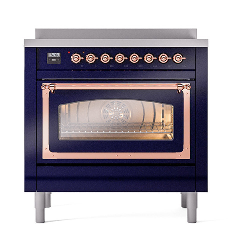 ILVE Nostalgie II Noblesse 36-Inch Induction Range, Triple Glass Door Oven, Midnight Blue with Copper Trim (UNI366NMPMBP)