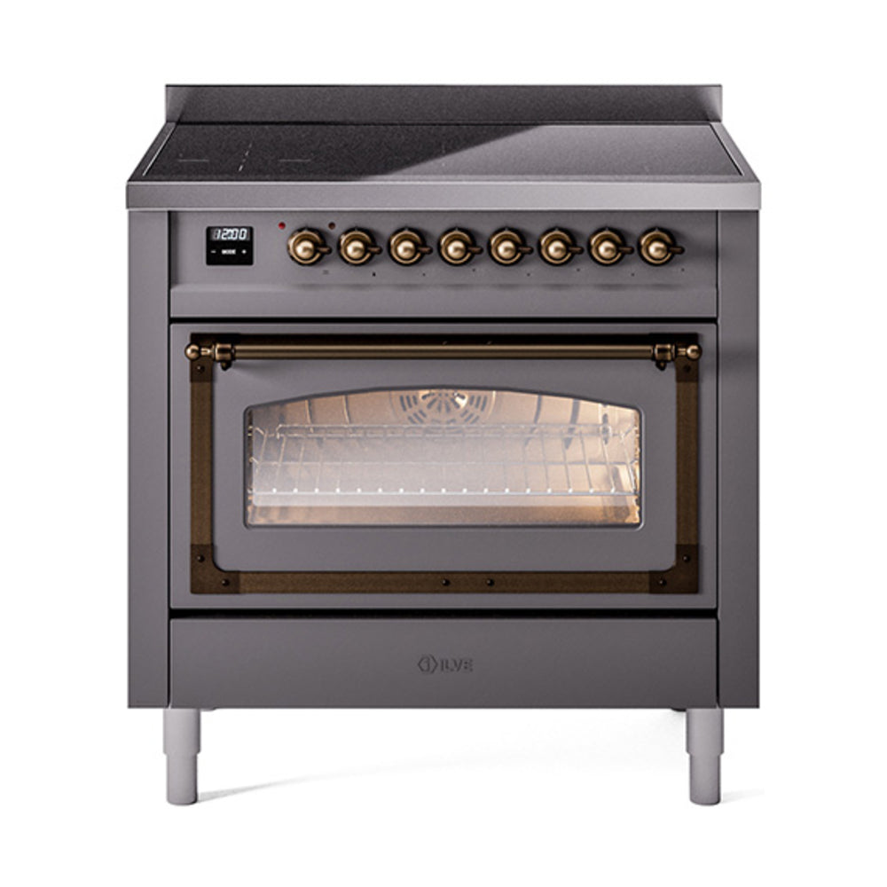 ILVE Nostalgie II Noblesse 36-Inch Induction Range, Triple Glass Door Oven, Matte Graphite with Burnished Bronze Trim (UNI366NMPMGB)