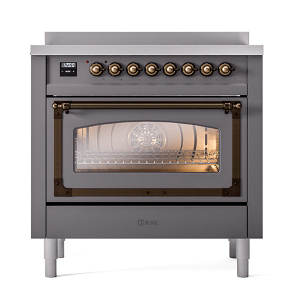 ILVE Nostalgie II Noblesse 36-Inch Induction Range, Triple Glass Door Oven, Matte Graphite with Burnished Bronze Trim (UNI366NMPMGB)