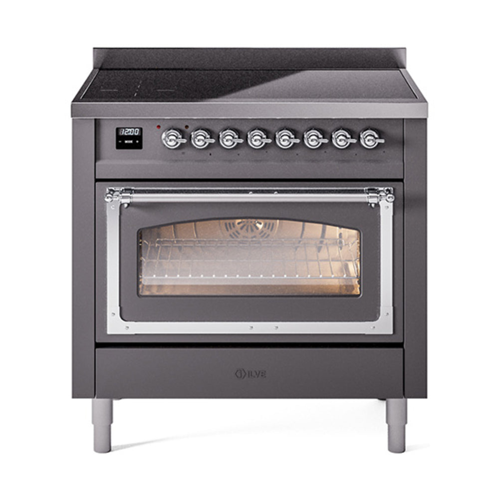ILVE Nostalgie II Noblesse 36-Inch Induction Range, Triple Glass Door Oven, Matte Graphite with Chrome Trim (UNI366NMPMGC)