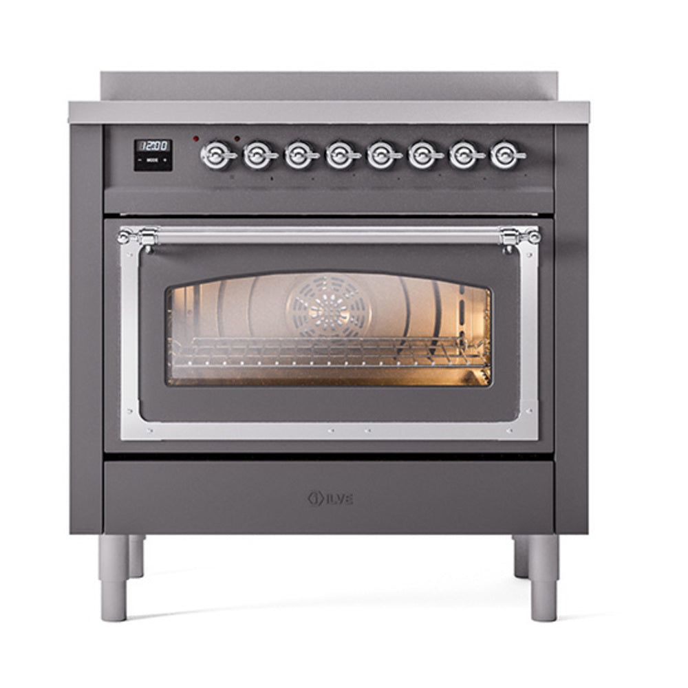 ILVE Nostalgie II Noblesse 36-Inch Induction Range, Triple Glass Door Oven, Matte Graphite with Chrome Trim (UNI366NMPMGC)