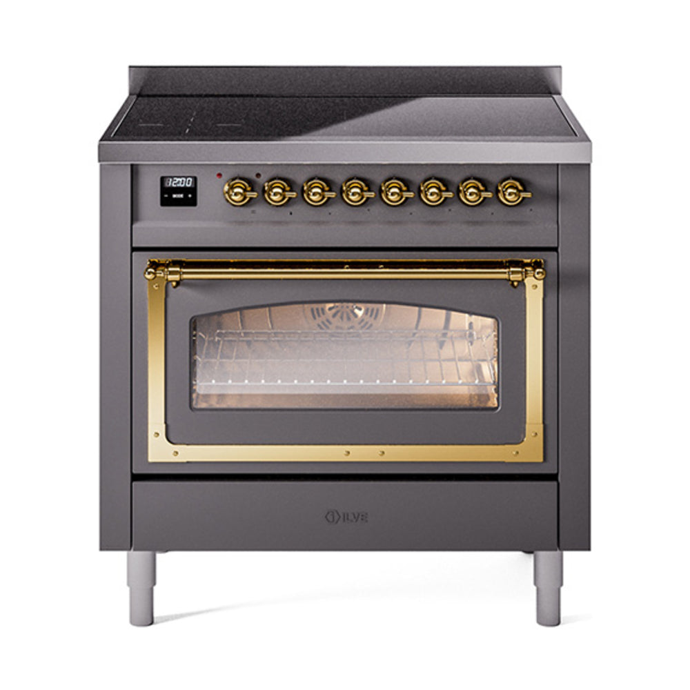 ILVE Nostalgie II Noblesse 36-Inch Induction Range, Triple Glass Door Oven, Matte Graphite with Brass Trim (UNI366NMPMGG)
