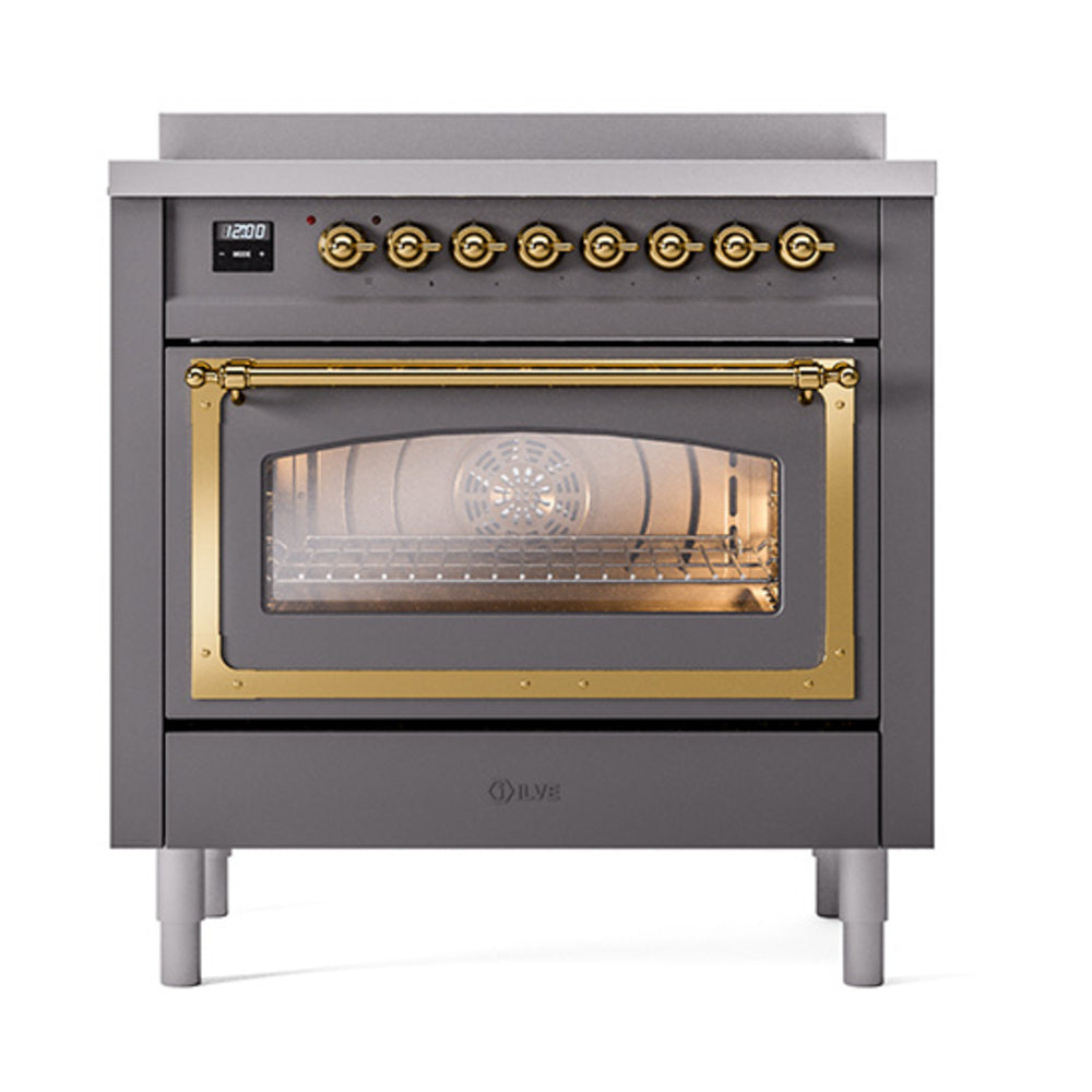 ILVE Nostalgie II Noblesse 36-Inch Induction Range, Triple Glass Door Oven, Matte Graphite with Brass Trim (UNI366NMPMGG)