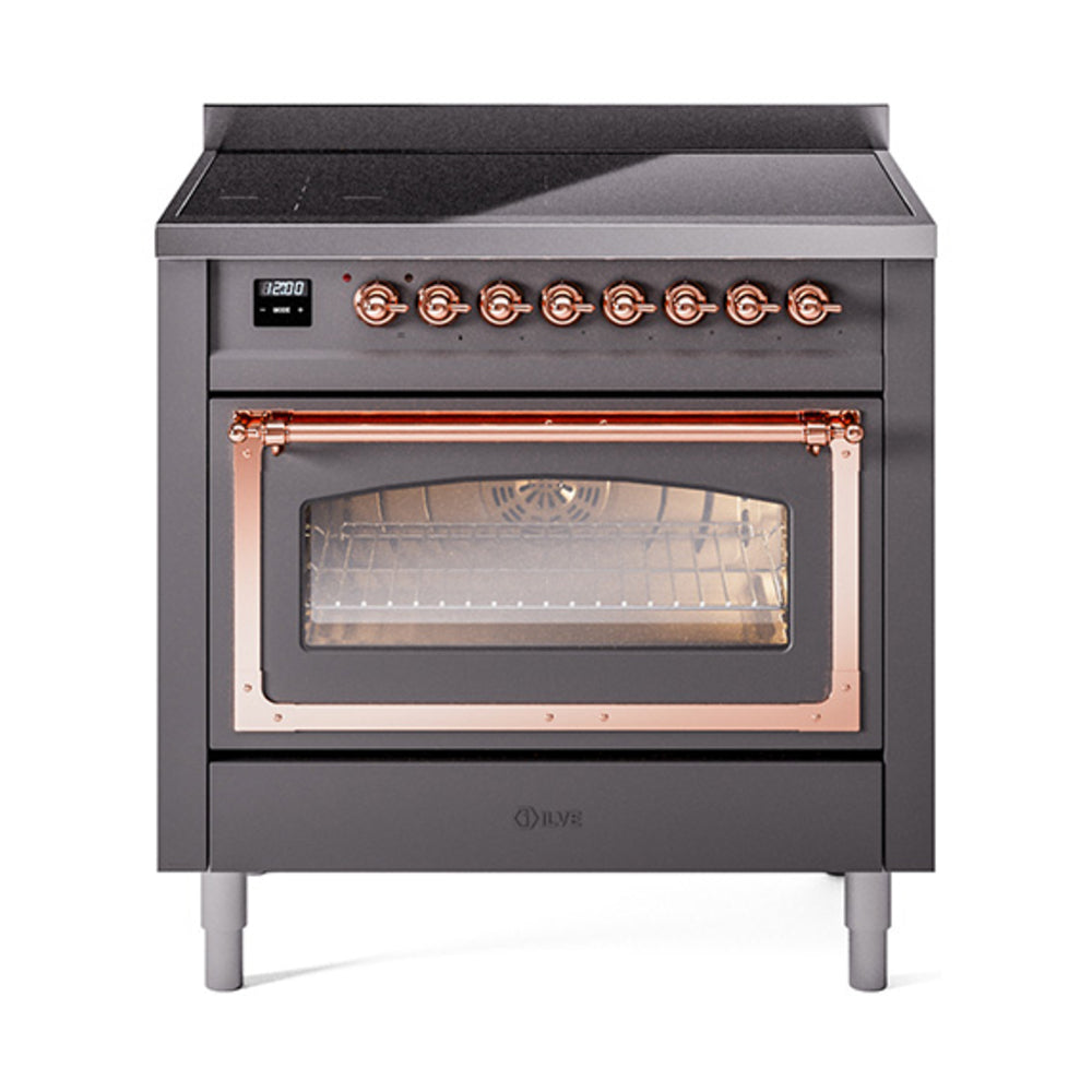 ILVE Nostalgie II Noblesse 36-Inch Induction Range, Triple Glass Door Oven, Matte Graphite with Copper Trim (UNI366NMPMGP)