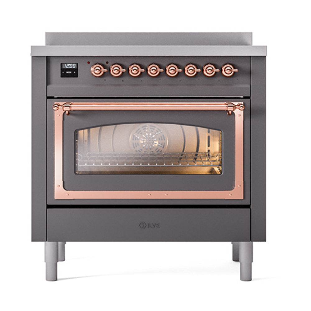 ILVE Nostalgie II Noblesse 36-Inch Induction Range, Triple Glass Door Oven, Matte Graphite with Copper Trim (UNI366NMPMGP)