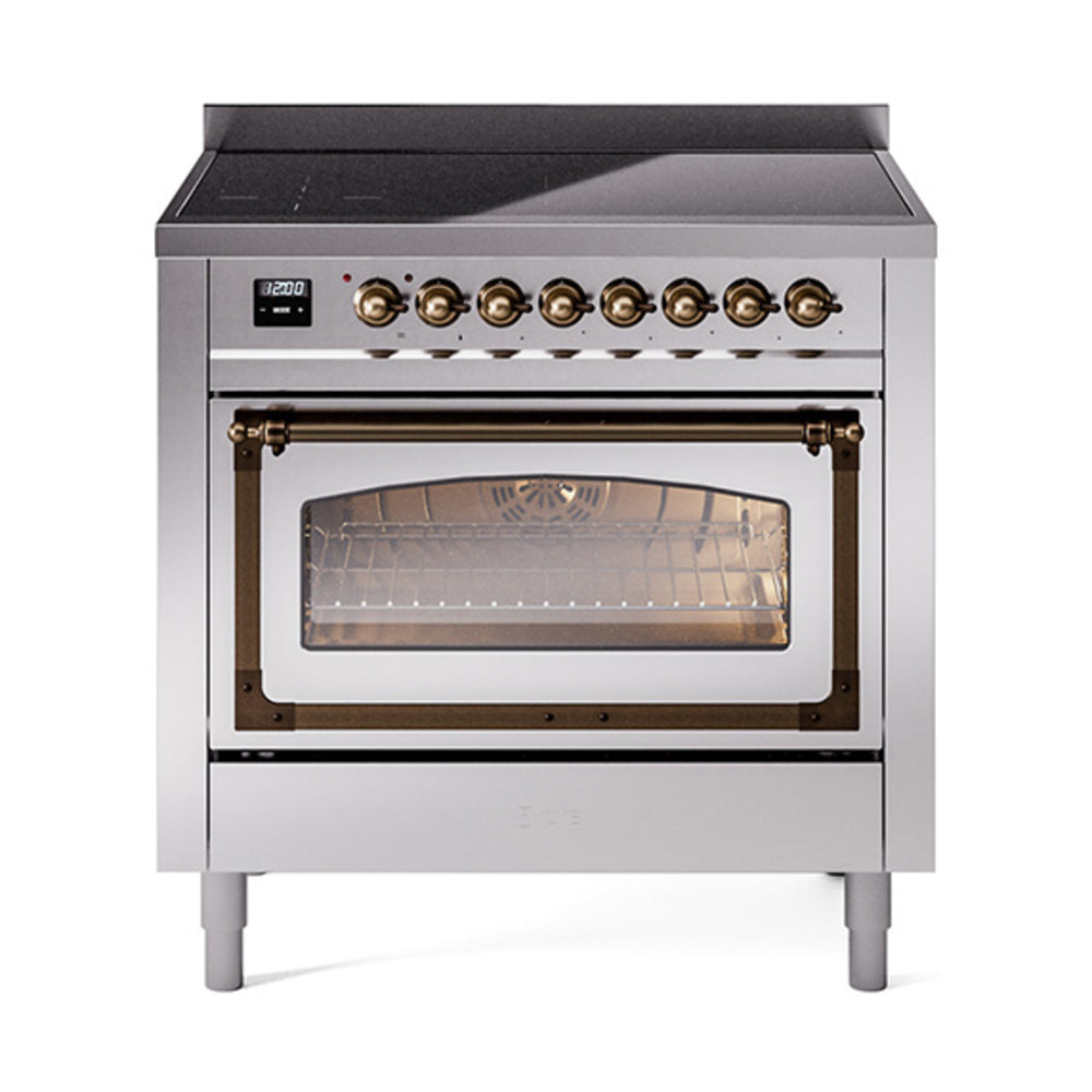 ILVE Nostalgie II Noblesse 36-Inch Induction Range, Triple Glass Door Oven, Stainless Steel with Burnished Bronze Trim (UNI366NMPSSB)