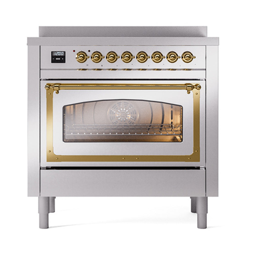 ILVE Nostalgie II Noblesse 36-Inch Induction Range, Triple Glass Door Oven, Stainless Steel with Brass Trim (UNI366NMPSSG)