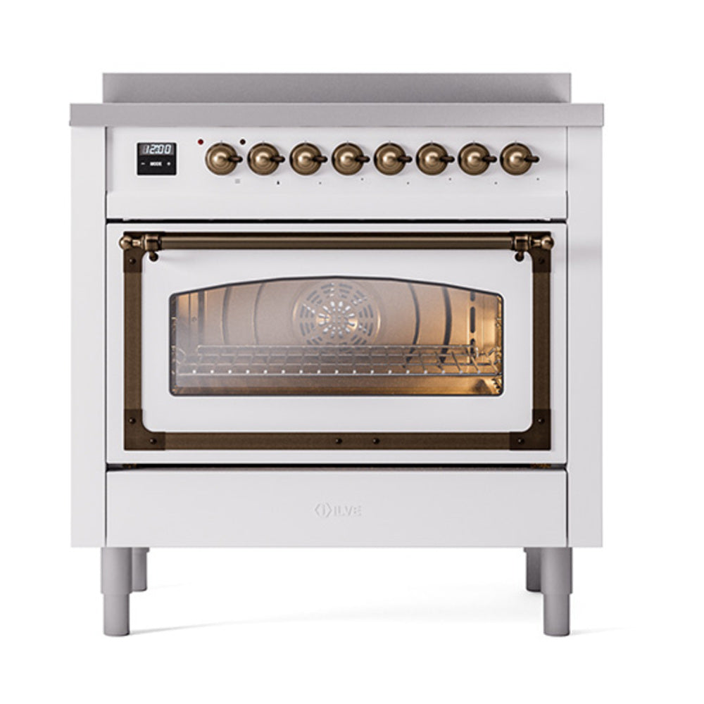 ILVE Nostalgie II Noblesse 36-Inch Induction Range, Triple Glass Door Oven, White with Burnished Bronze Trim (UNI366NMPWHB)