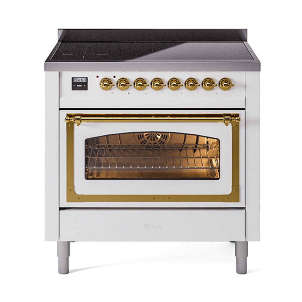 ILVE Nostalgie II Noblesse 36-Inch Induction Range, Triple Glass Door Oven, White with Brass Trim (UNI366NMPWHG)
