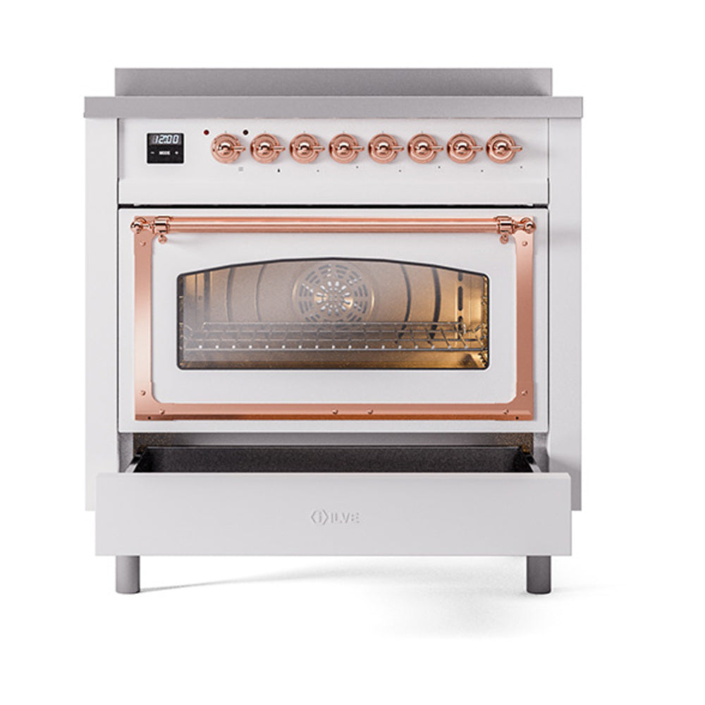 ILVE Nostalgie II Noblesse 36-Inch Induction Range, Triple Glass Door Oven, White with Copper Trim (UNI366NMPWHP)
