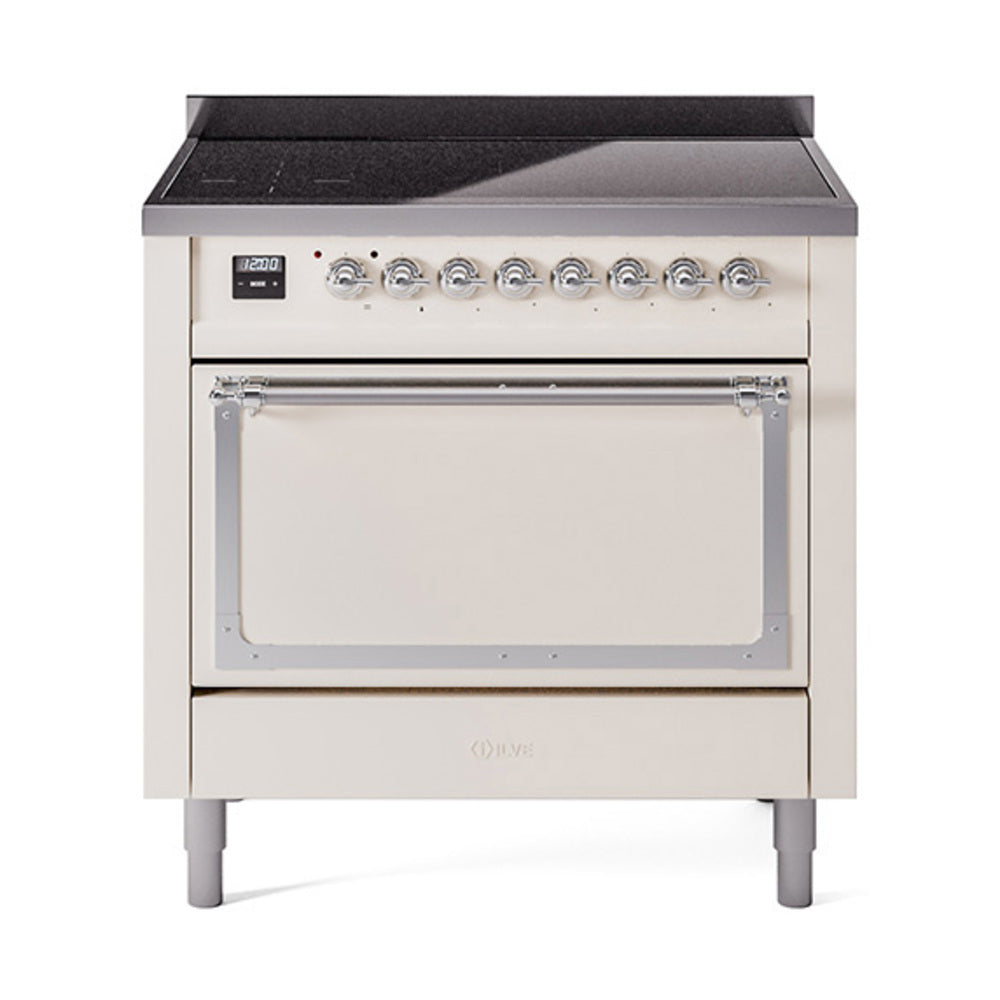 ILVE Nostalgie II Noblesse 36-Inch Induction Range, Solid Door Oven, Antique White with Chrome Trim (UNI366QNMPAWC)