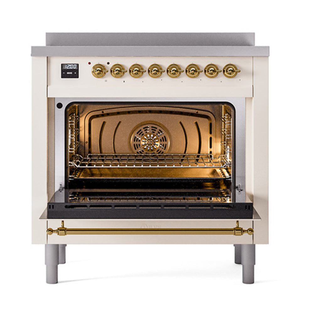 ILVE Nostalgie II Noblesse 36-Inch Induction Range, Solid Door Oven, Antique White with Brass Trim (UNI366QNMPAWG)