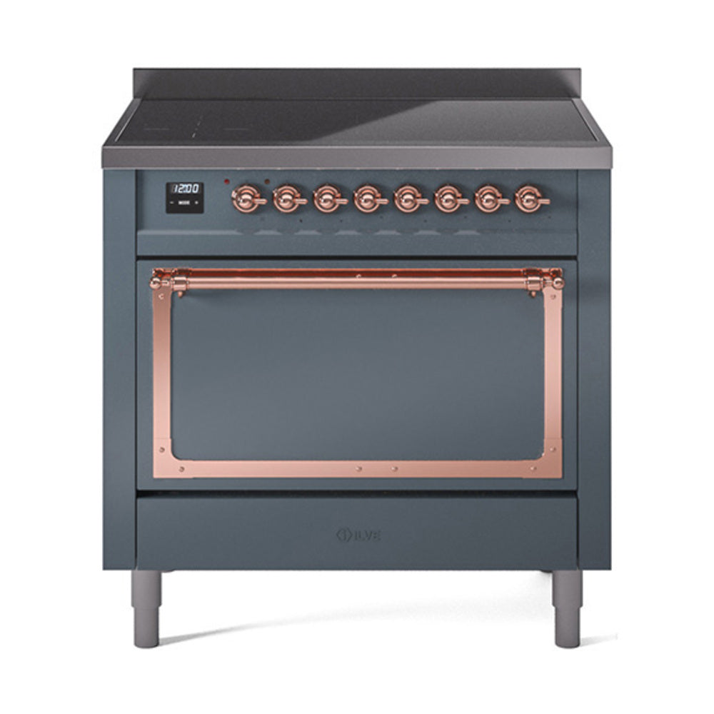 ILVE Nostalgie II Noblesse 36-Inch Induction Range, Solid Door Oven, Blue Grey with Copper Trim (UNI366QNMPBGP)