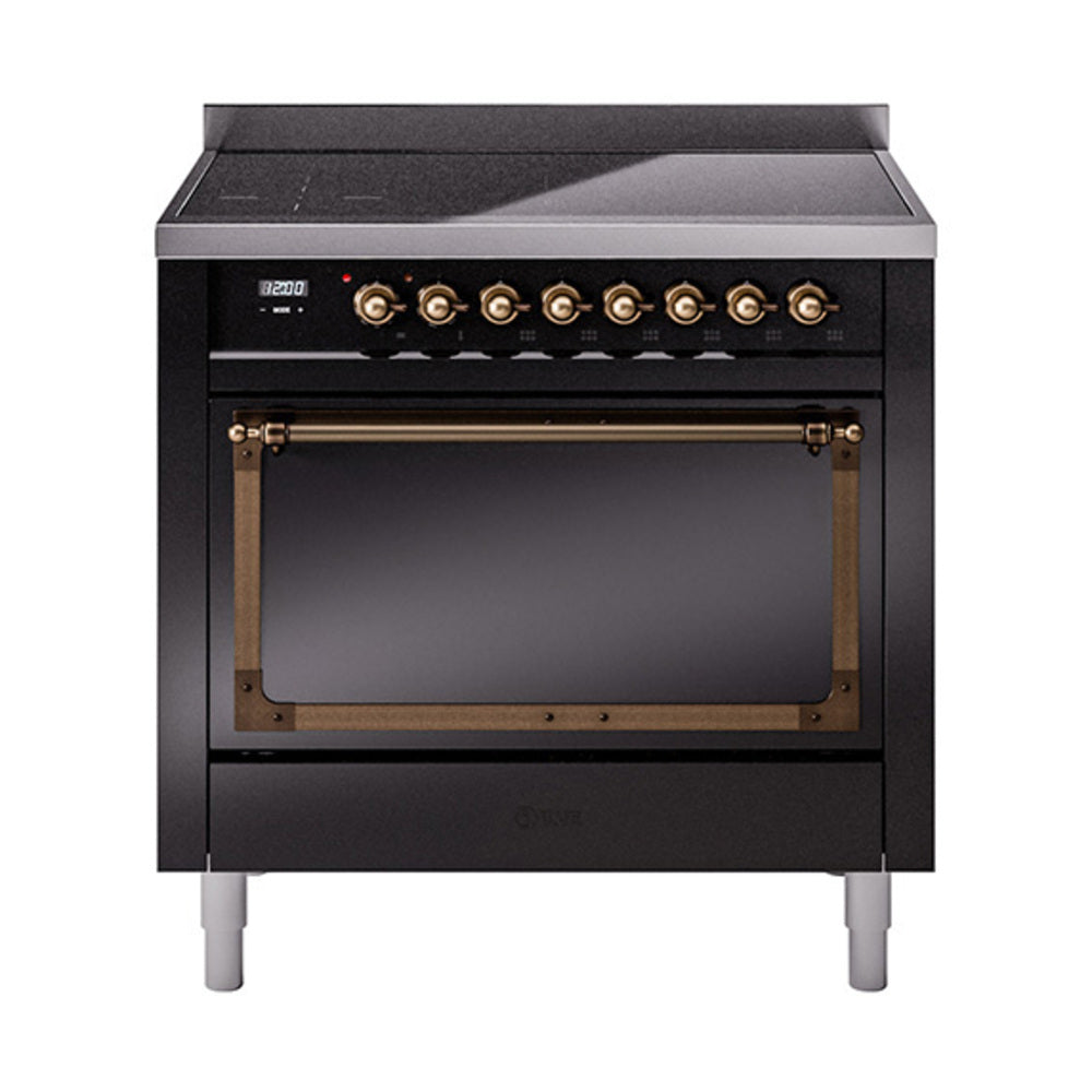 ILVE Nostalgie II Noblesse 36-Inch Induction Range, Solid Door Oven, Glossy Black with Burnished Bronze Trim (UNI366QNMPBKB)