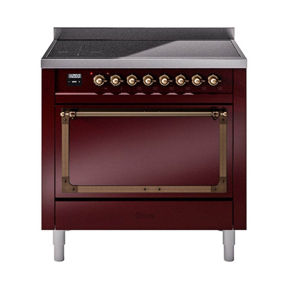 ILVE Nostalgie II Noblesse 36-Inch Induction Range, Solid Door Oven, Burgundy with Burnished Bronze Trim (UNI366QNMPBUB)
