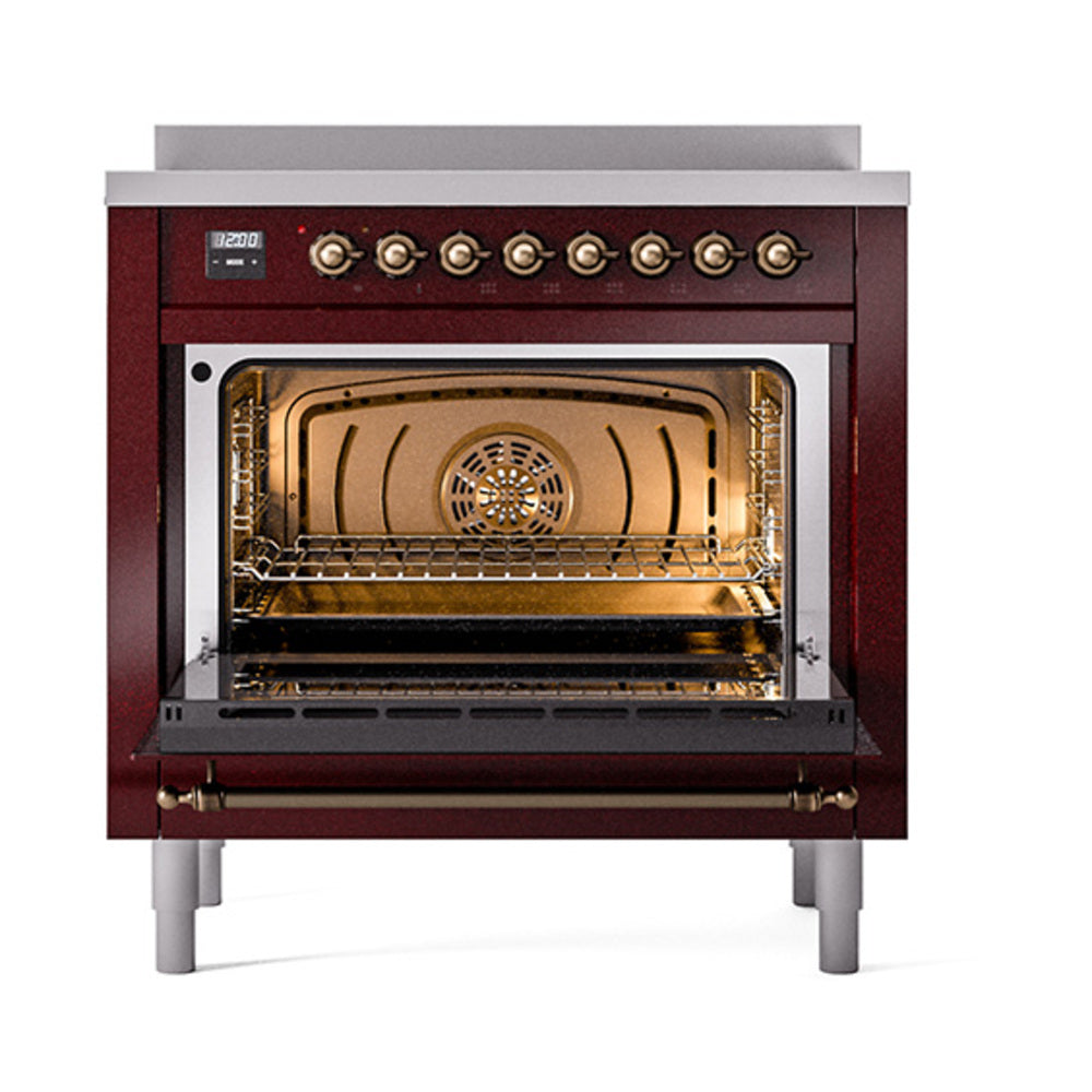 ILVE Nostalgie II Noblesse 36-Inch Induction Range, Solid Door Oven, Burgundy with Burnished Bronze Trim (UNI366QNMPBUB)