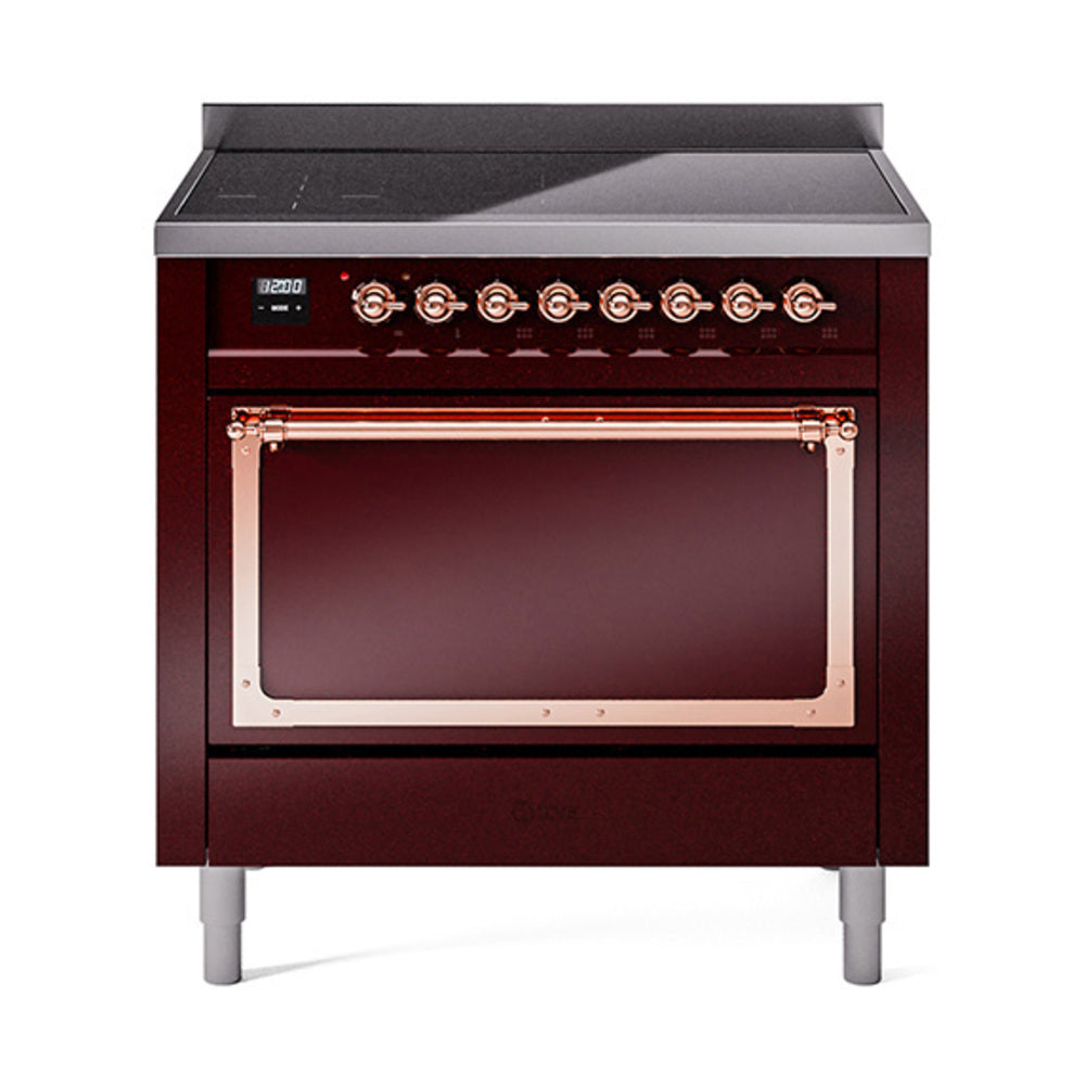 ILVE Nostalgie II Noblesse 36-Inch Induction Range, Solid Door Oven, Burgundy with Copper Trim (UNI366QNMPBUP)