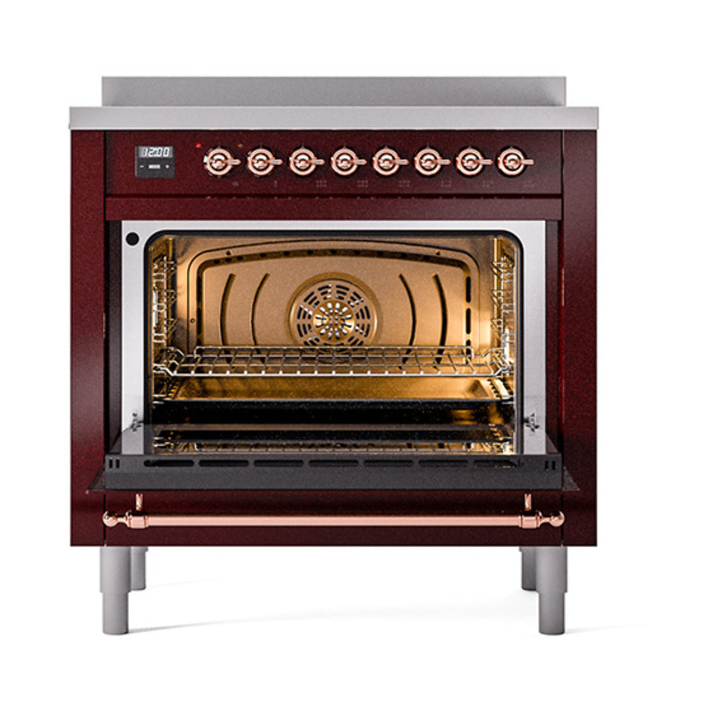 ILVE Nostalgie II Noblesse 36-Inch Induction Range, Solid Door Oven, Burgundy with Copper Trim (UNI366QNMPBUP)