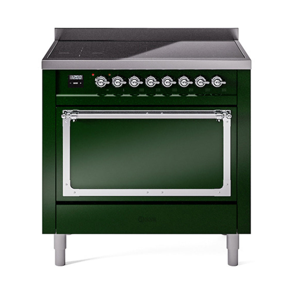 ILVE Nostalgie II Noblesse 36-Inch Induction Range, Solid Door Oven, Emerald Green with Chrome Trim (UNI366QNMPEGC)