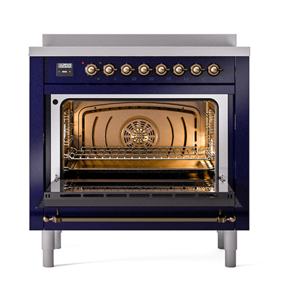 ILVE Nostalgie II Noblesse 36-Inch Induction Range, Solid Door Oven, Midnight Blue with Burnished Bronze Trim (UNI366QNMPMBB)