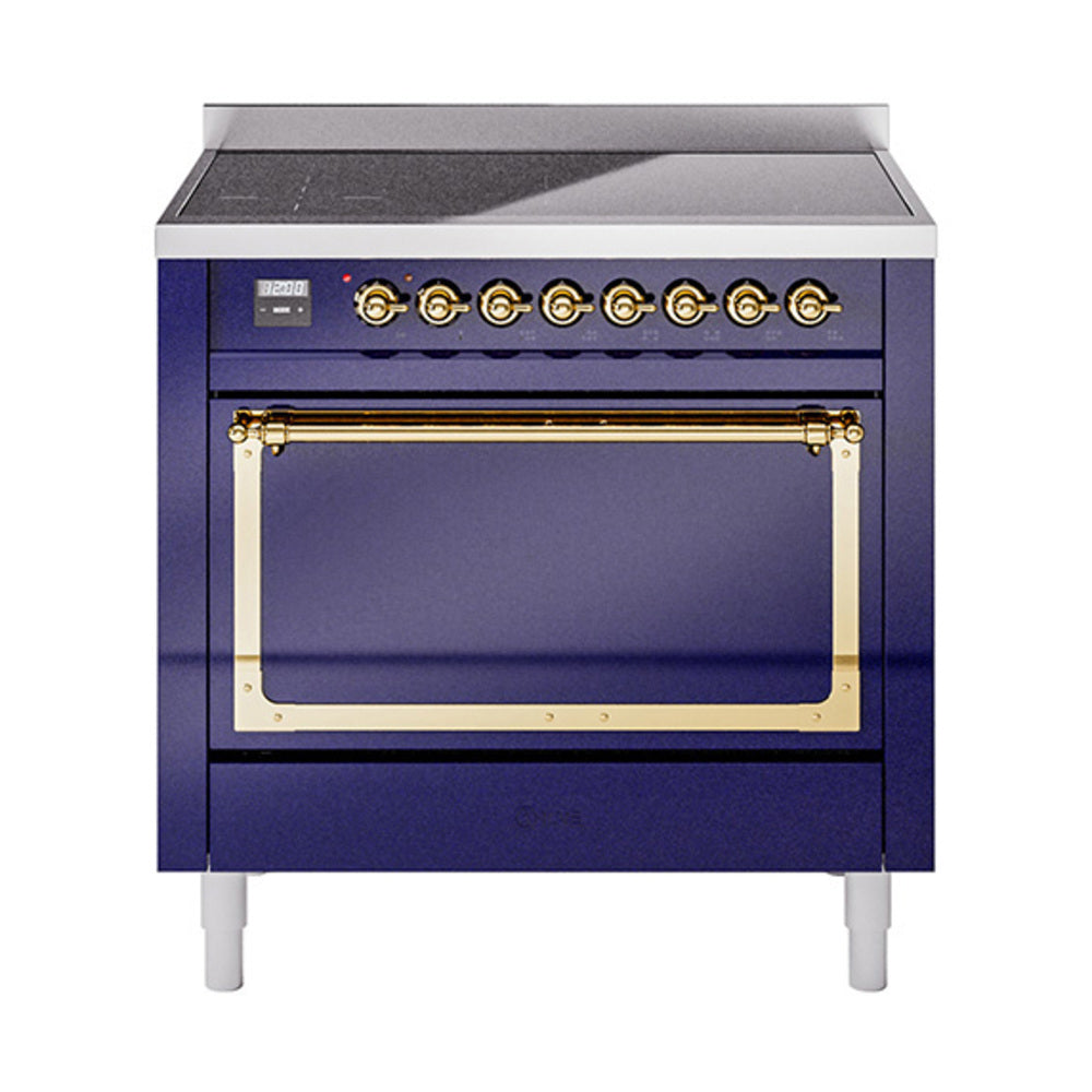 ILVE Nostalgie II Noblesse 36-Inch Induction Range, Solid Door Oven, Midnight Blue with Brass Trim (UNI366QNMPMBG)