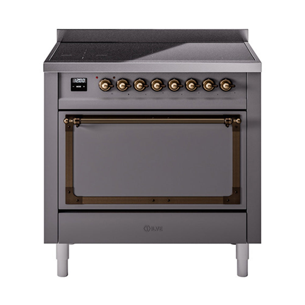 ILVE Nostalgie II Noblesse 36-Inch Induction Range, Solid Door Oven, Matte Graphite with Burnished Bronze Trim (UNI366QNMPMGB)