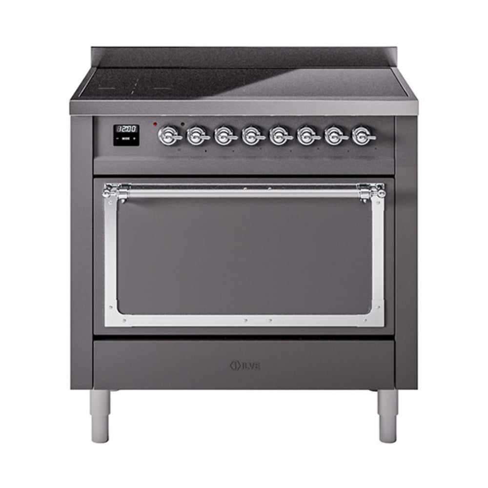 ILVE Nostalgie II Noblesse 36-Inch Induction Range, Solid Door Oven, Matte Graphite with Chrome Trim (UNI366QNMPMGC)