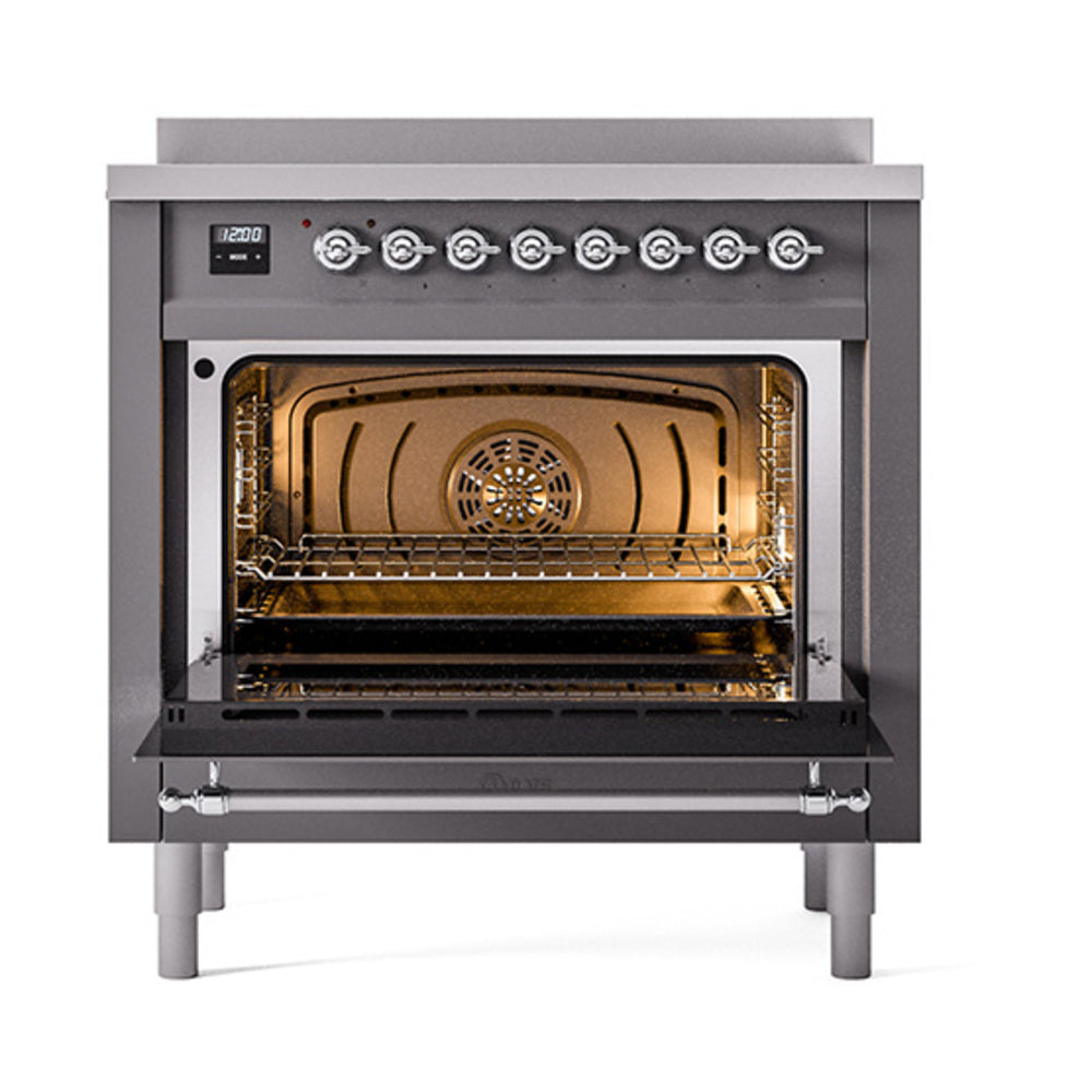 ILVE Nostalgie II Noblesse 36-Inch Induction Range, Solid Door Oven, Matte Graphite with Chrome Trim (UNI366QNMPMGC)