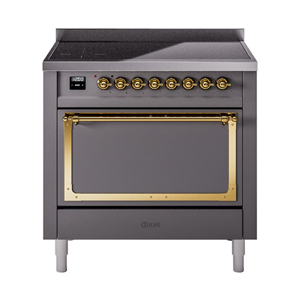ILVE Nostalgie II Noblesse 36-Inch Induction Range, Solid Door Oven, Matte Graphite with Brass Trim (UNI366QNMPMGG)
