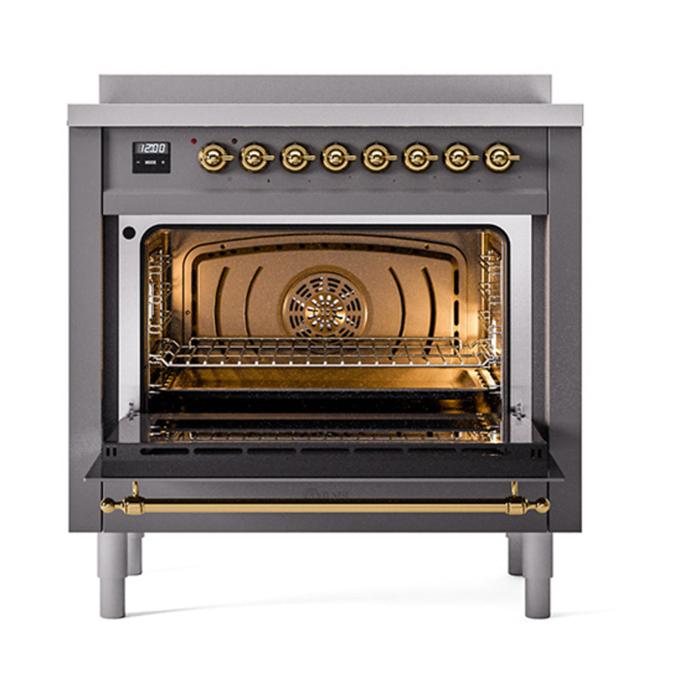 ILVE Nostalgie II Noblesse 36-Inch Induction Range, Solid Door Oven, Matte Graphite with Brass Trim (UNI366QNMPMGG)