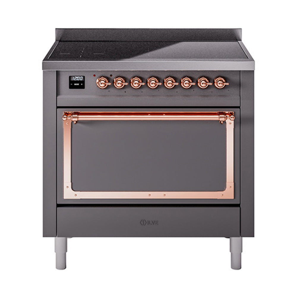 ILVE Nostalgie II Noblesse 36-Inch Induction Range, Solid Door Oven, Matte Graphite with Copper Trim (UNI366QNMPMGP)
