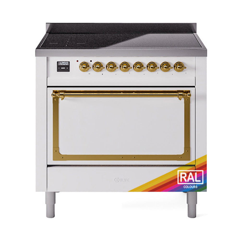 ILVE Nostalgie II Noblesse 36-Inch Induction Range, Solid Door Oven, RAL with Brass Trim (UNI366QNMPRAG)