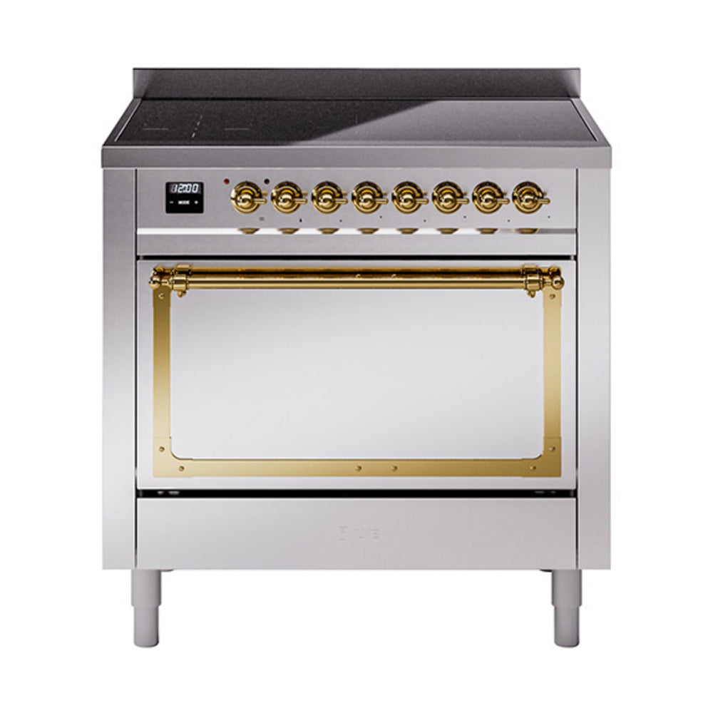 ILVE Nostalgie II Noblesse 36-Inch Induction Range, Solid Door Oven, Stainless Steel with Brass Trim (UNI366QNMPSSG)